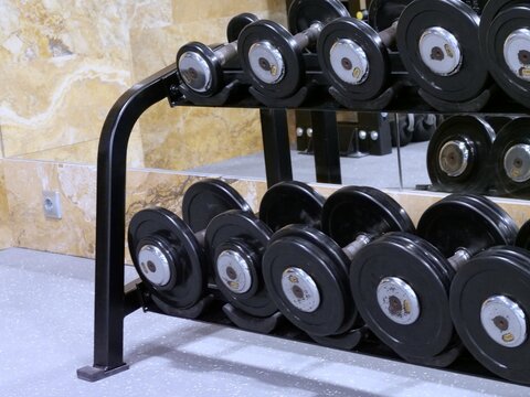 Close Up View of Heavy Dumbbells Arranged on Metal Rack Tier Inside Modern Gym Room Mirror Reflection showing Professional Strength Training Free Weights