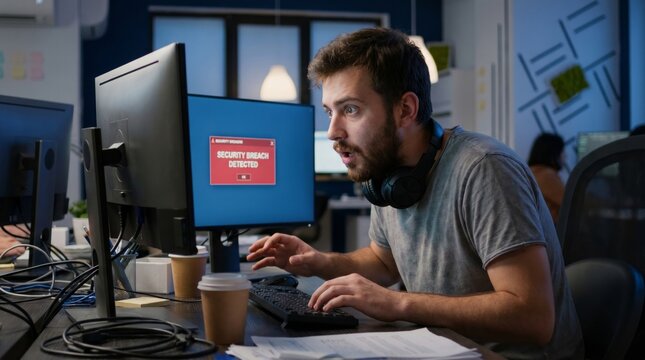 Developer discovering security breach alert on computer screen