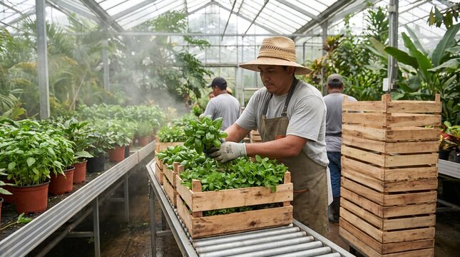 Greenhouse worker packs fresh herbs after harvest