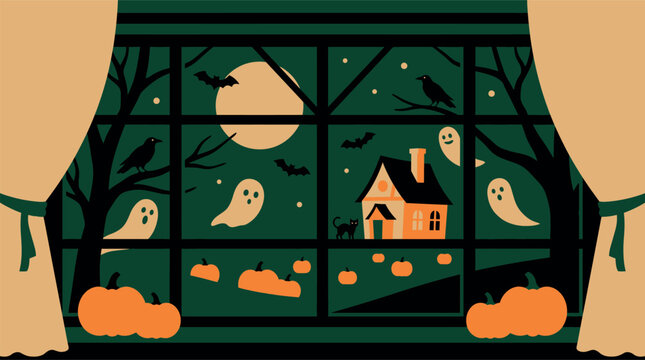 A festive halloween banner featuring a spooky house view through a window with ghosts and pumpkins