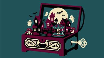 Fototapeta premium A spooky vintage music box featuring a haunted house scene for a creative halloween banner design