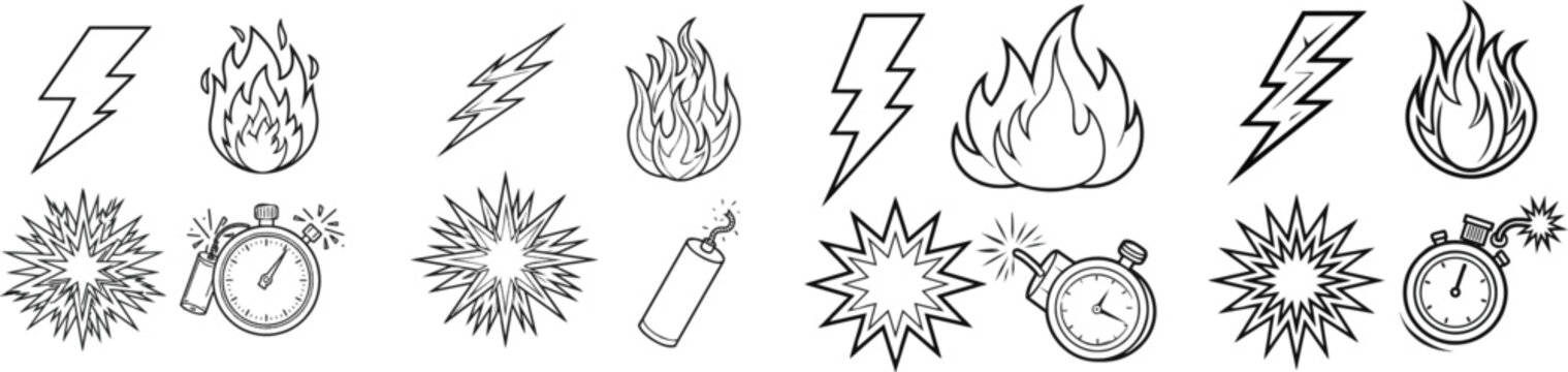A set of black and white vector icons featuring a thunderbolt, hot deal flame, deal starburst, and dynamite timer against a clean white background