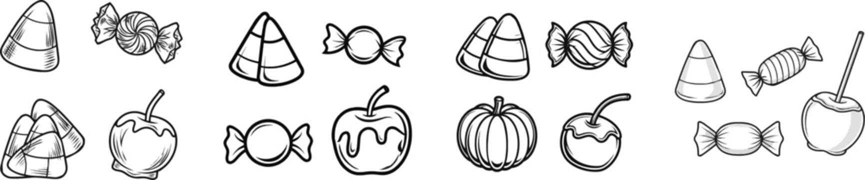 A minimalist black and white vector icon set of Halloween sweets includes candy corn, wrapped hard candies, and caramel apples, all against a pure white background