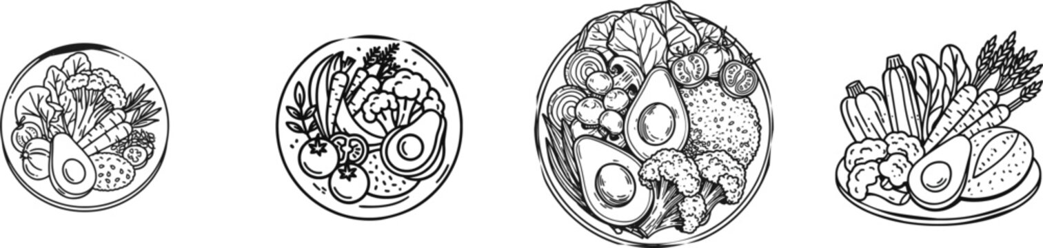 A minimalist black and white vector illustration depicts a balanced healthy meal plate filled with fresh vegetables, avocado, and grain against a pure white background