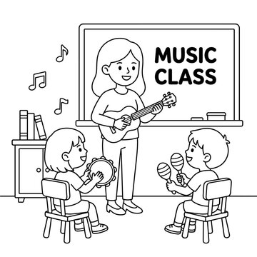 Music class teacher playing ukulele with kindergarten students playing musical instruments