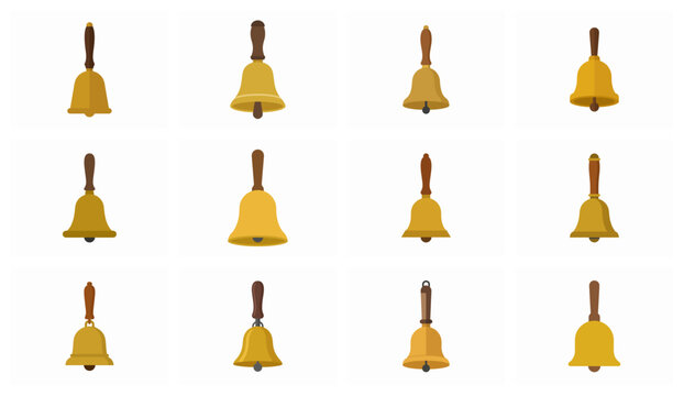 Set of twelve golden handbells with wooden handles isolated on white