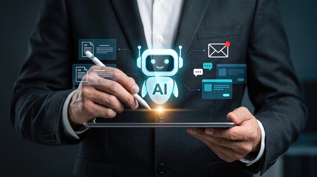 AI chatbot assistant on digital tablet, businessman using artificial intelligence bot, smart automation and virtual help technology