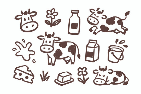 Cow and Dairy Products Hand Drawn Doodle Set