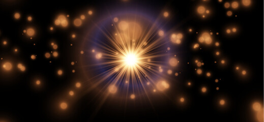 Bright golden sunburst with bokeh effect: intense solar lens flare and floating magic light particles on dark background © Natasha