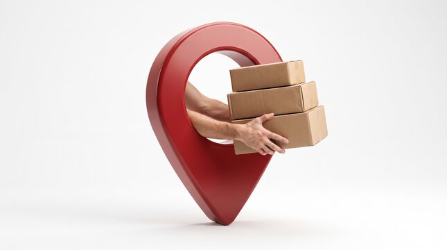 Hand holding cardboard boxes through a red map location pin isolated on white