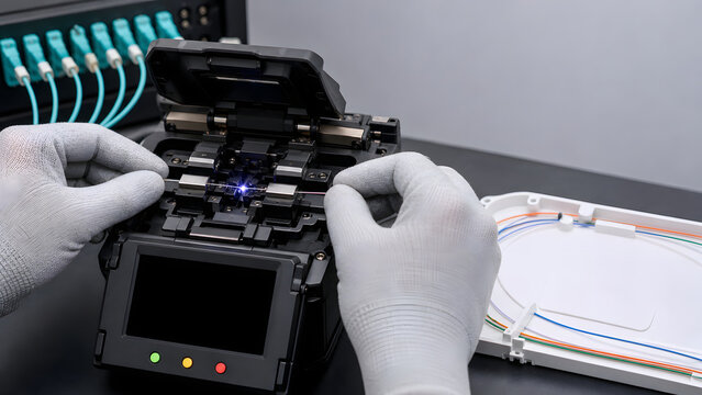 Technician Splicing Fiber Optic Cable at Workbench