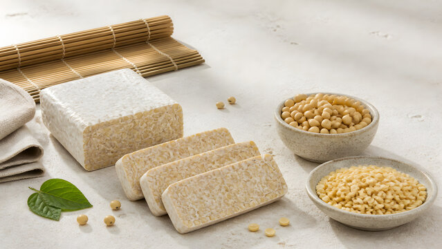 Fresh Tempeh Block Slices and Soybeans with Copy Space