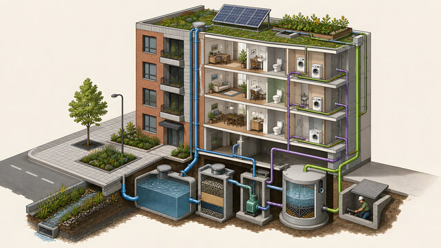 Isometric Rainwater Harvesting and Greywater Reuse Building