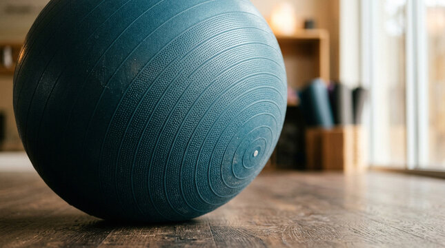 Blue exercise ball on wooden floor in studio