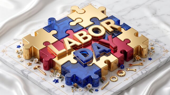 Labor Day 3D puzzle text with gold red and blue pieces on a marble surface