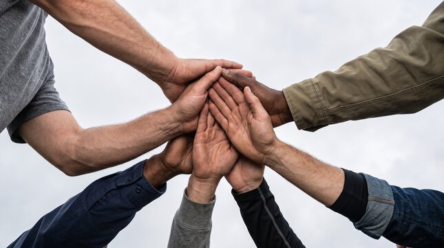 Diverse group of people stacking hands together as a symbol of unity and teamwork