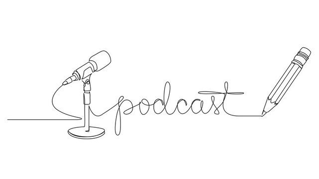 animated continuous line drawing of a microphone connected to the word podcast written with a pencil, audio content creation and storytelling line art animation