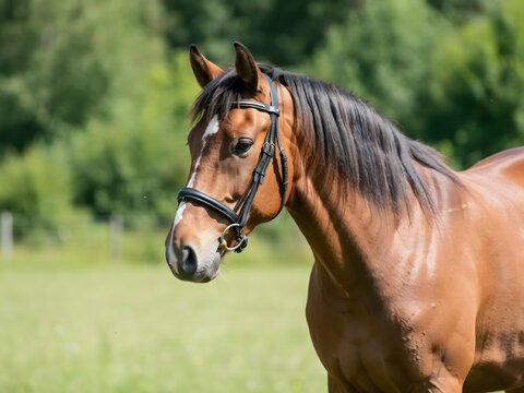 Portrait of a brown horse wearing a bridle in a green summer meadow outdoors