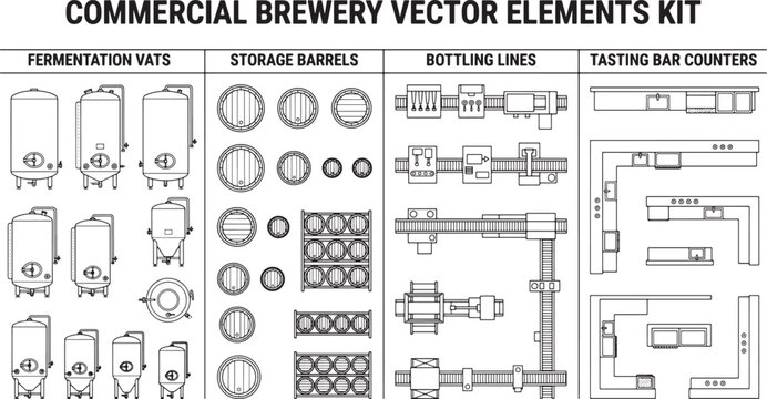Commercial brewery vector elements kit, fermentation vats and storage barrels, bottling lines and tasting bar counters