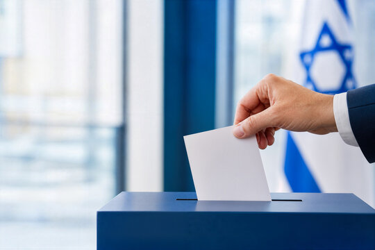 Israel elections 2026 hand placing ballot into blue ballot box Knesset voting democracy legislative government choice news editorial corporate professional concept