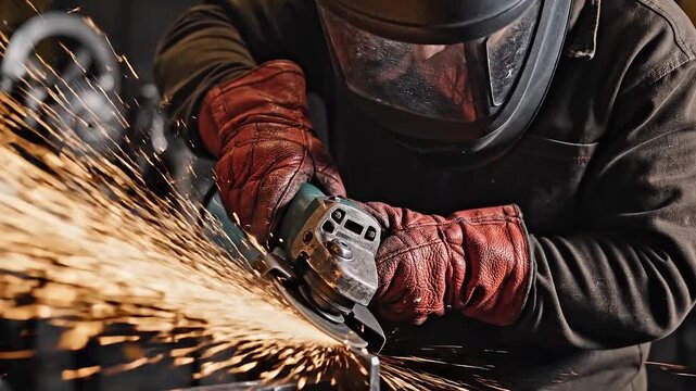 Industrial Metalworker Using Angle Grinder with Glowing Sparks