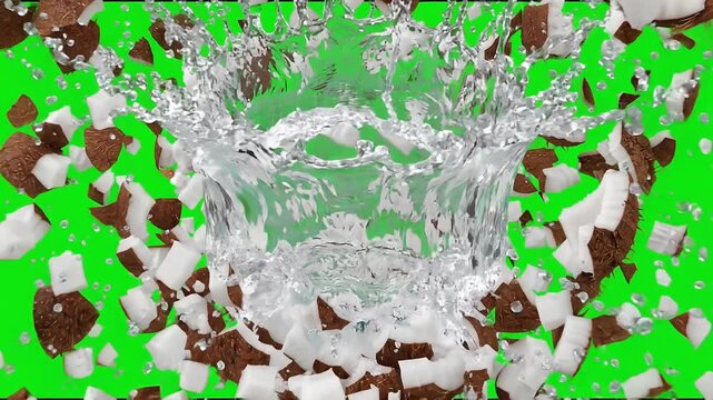 Coconut shell cracking and exploding with water splash on green screen