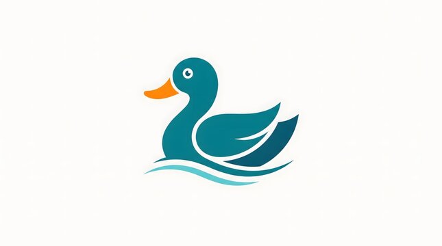 Minimalist logo design of a stylized blue duck swimming on water waves, isolated on a clean white background.