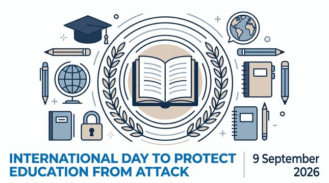 Open book and stationary icons symbolize the International Day to Protect Education from Attack, emphasizing the universal right to safe learning spaces for all students worldwide.