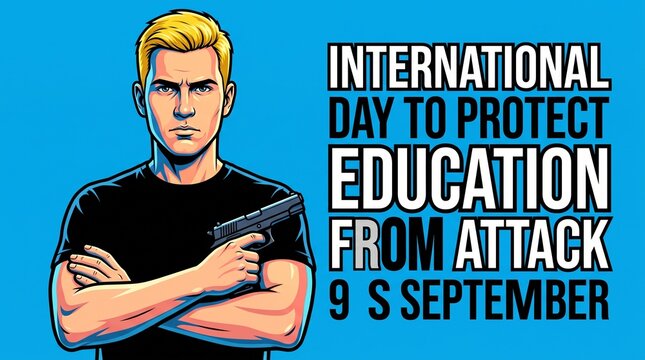 Man with blond hair stands with arms crossed while holding a handgun as a visual metaphor for the International Day to Protect Education from Attack.