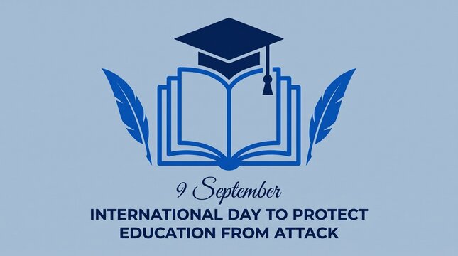 Book icon with graduation cap and feathers serves as a central symbol for the International Day to Protect Education from Attack on 9 September.