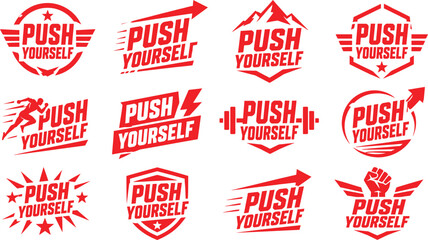 Naklejka premium Red push yourself motivational text badges for fitness and sports inspiration.