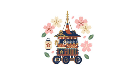 Fototapeta premium Japanese festival float surrounded by cherry blossom petals.