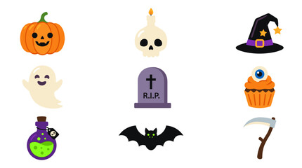 Fototapeta premium Halloween symbols including ghost tombstone witch hat skull candle and magic potion bottle