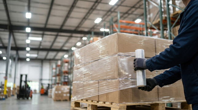 Stacked carton pallet warehouse worker wrapping clear stretch film around packaged goods in distribution warehouse with clean copy space