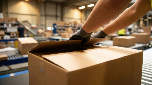 Cardboard box warehouse gloved hand packaging worker folding cardboard box flap inside distribution center with warm industrial lighting and clean