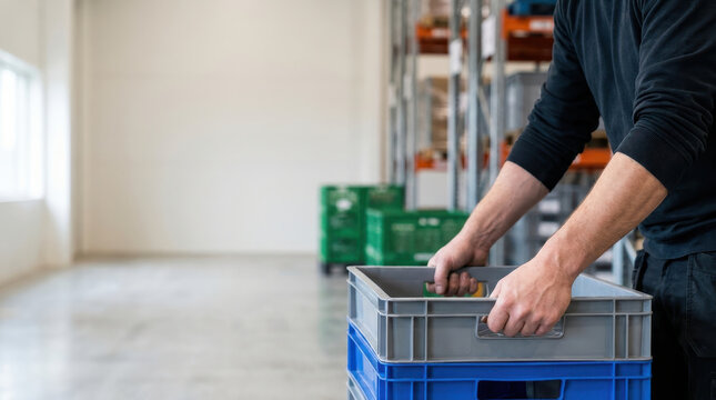 Reusable plastic crate warehouse worker handling storage container in distribution facility