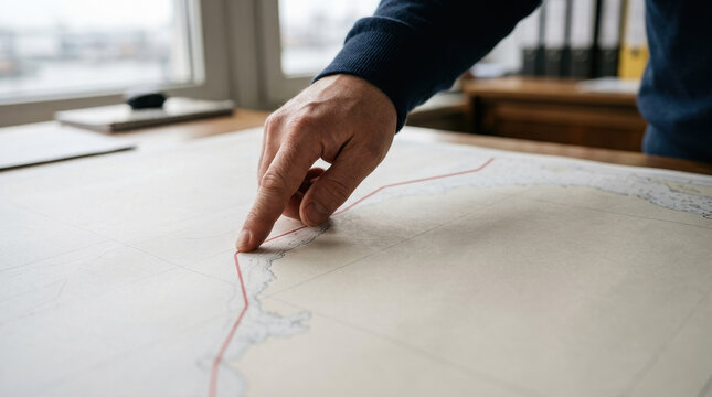 Hand finger map route navigation maritime office hand tracing route on maritime map with clean copy space and soft daylight