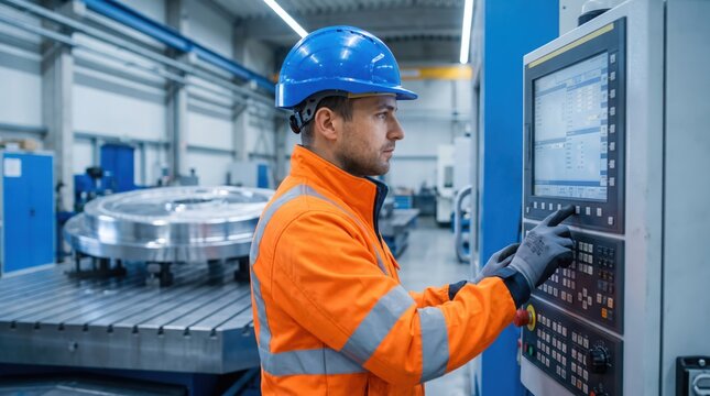 A technician in safety gear operates a computer numerical control machine in an industrial workshop setting cnc panel operator manufacturing