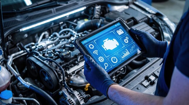 A mechanic utilizes a digital tablet displaying engine diagnostics within a brightly lit automotive repair shop vehicle diagnosis technology maintenance