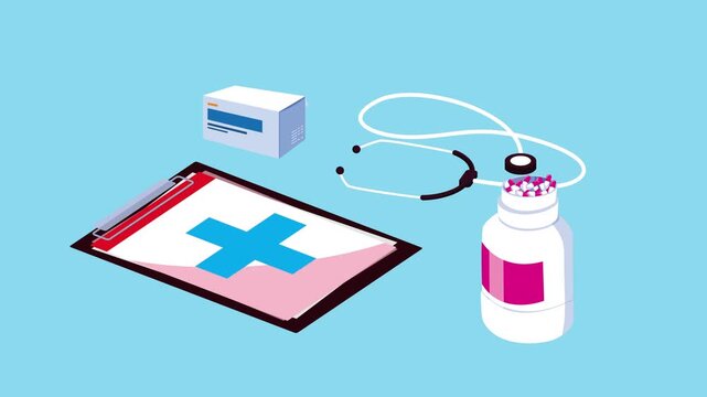 Medical equipment isometric animation with clipboard stethoscope and medicine bottles on blue background.