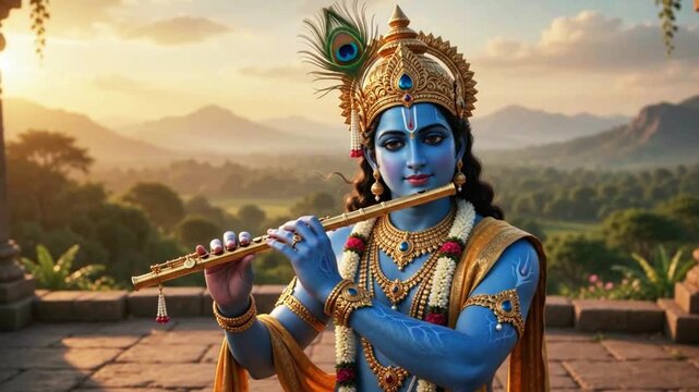 Lord krishna deity figure gracefully playing golden flute at sunset