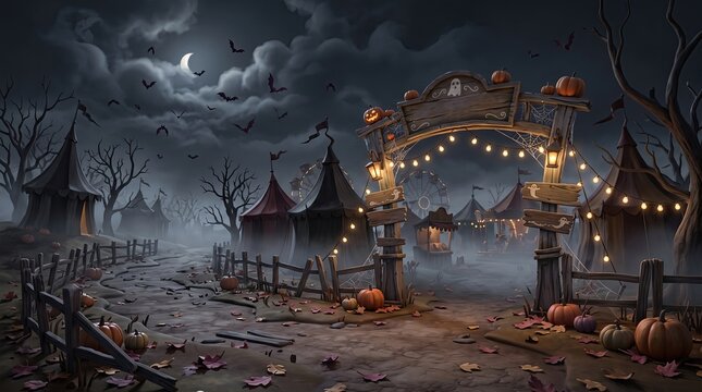 Spooky halloween background, banner, and backdrop showing a haunted carnival with lights, pumpkins, bats, and tents under a foggy moonlit sky.