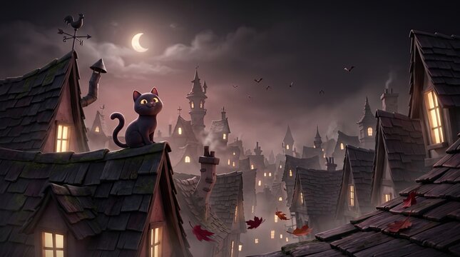 A whimsical black cat perches on a spooky old rooftop, gazing at the crescent moon above a mysterious townscape, creating a perfect dark fantasy illustration for a halloween background banner.