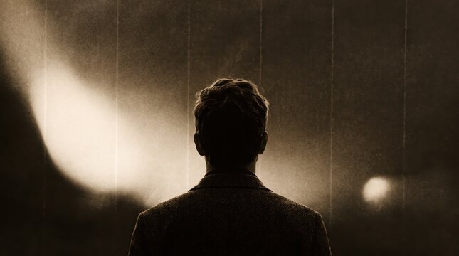 Cinematic silhouette of a man standing in dark mysterious atmosphere with dramatic spotlight beam, suspense thriller movie, noir style photography, anonymous figure back view