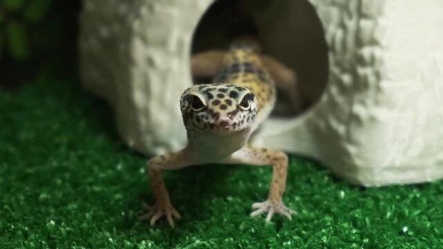 Spotted pet gecko emerging from ceramic hide inside terrarium, small reptile facing forward on green substrate with bright eyes, patterned skin, splayed toes and calm captive care detail