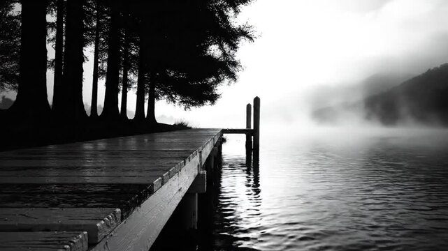 Black and white view of a wooden dock on a lake with fog near trees, creating a serene and moody atmosphere