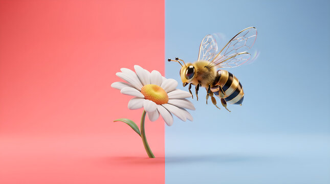 Metallic golden bee flying towards a single white daisy flower isolated against a vibrant split coral and light blue studio background with soft artistic lighting
