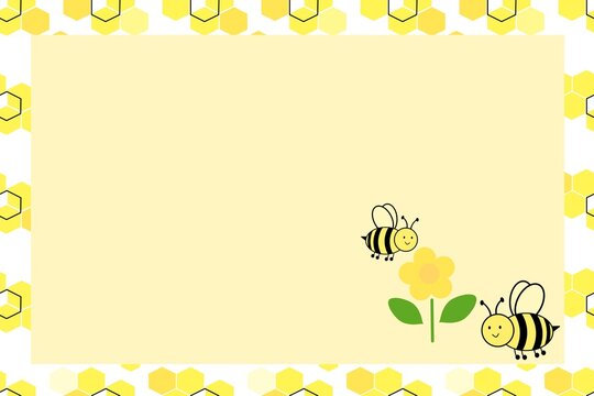 Cute honeybee and honeycomb border frame template . Horizontal yellow beehive background card with copy space, smiling cartoon bees, yellow flower, and hexagon comb pattern.