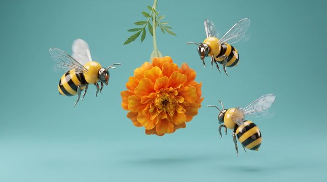 Three stylized cute bees flying around a bright orange marigold flower suspended in the air against a clean solid teal background in this digital composition