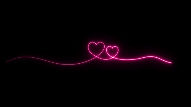 Wedding animated neon pink line flowing from top left into bottom corner hearts in 4k on black background